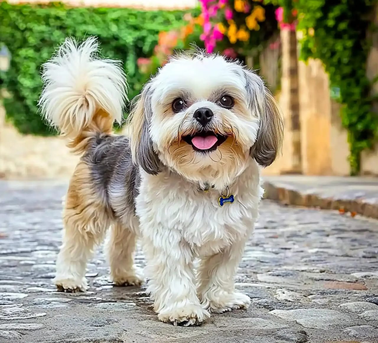 A Shih Tzu walking on a cobbled street