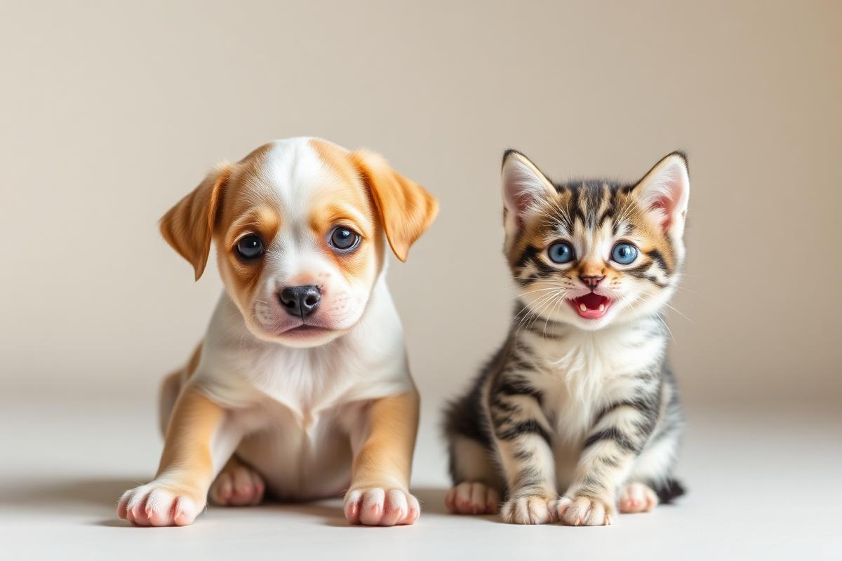 A healthy puppy and kitten sitting together